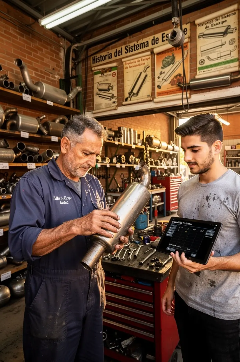 Reparación detallada de un tubo de escape en un taller certificado, mostrando precisión y uso de repuestos originales.