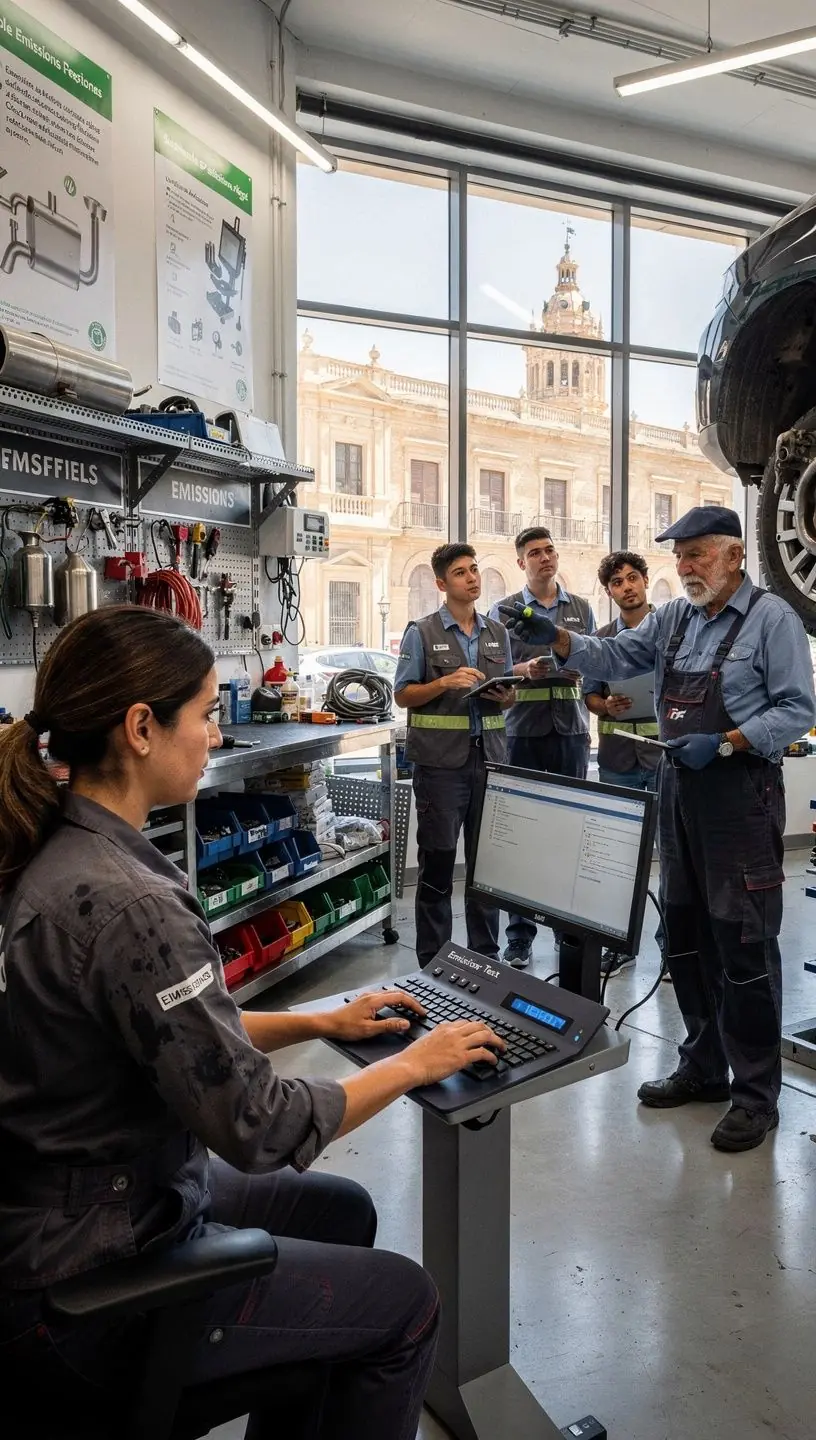 Equipo técnico explicando a un cliente los beneficios de un sistema de escape eficiente y cómo mejora el rendimiento del coche.